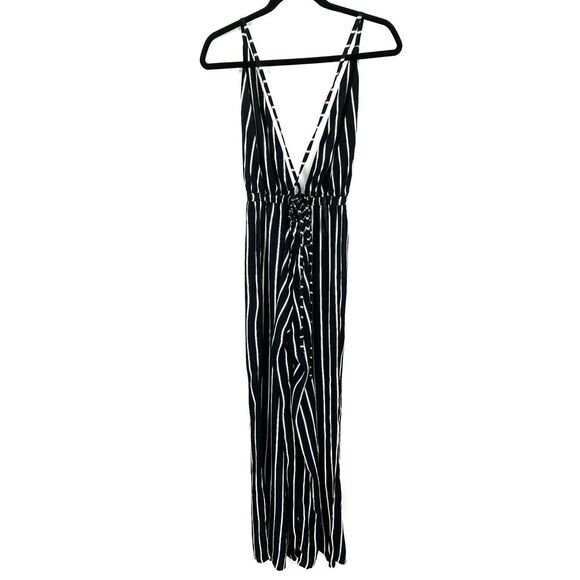 FAITHFULL THE BRAND Navy Blue White Striped Deep V-Neck Wide Leg Jumpsuit Medium - Picture 6 of 11
